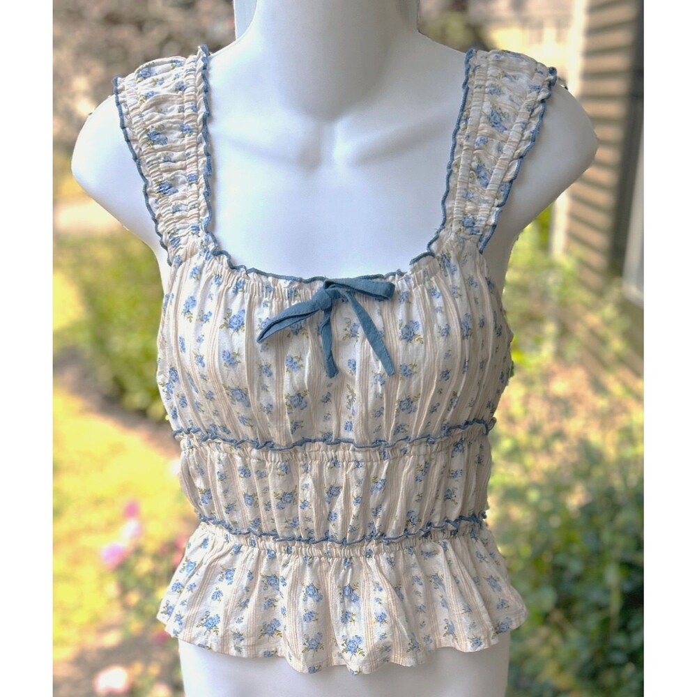 Sim & Sam Smocked Peasant Sleeveless Top Sz L LINEN BLEND Cinched Peplum Tank